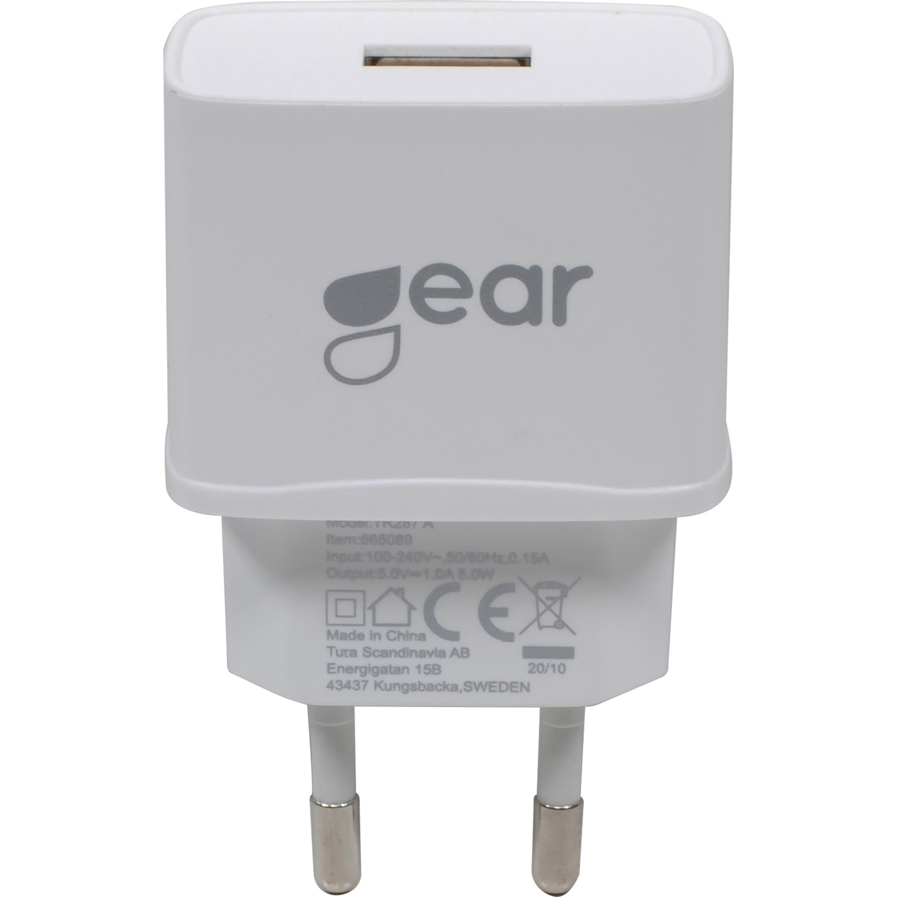 [8558266] GEAR Laddare 220V 1xUSB 1A Vit