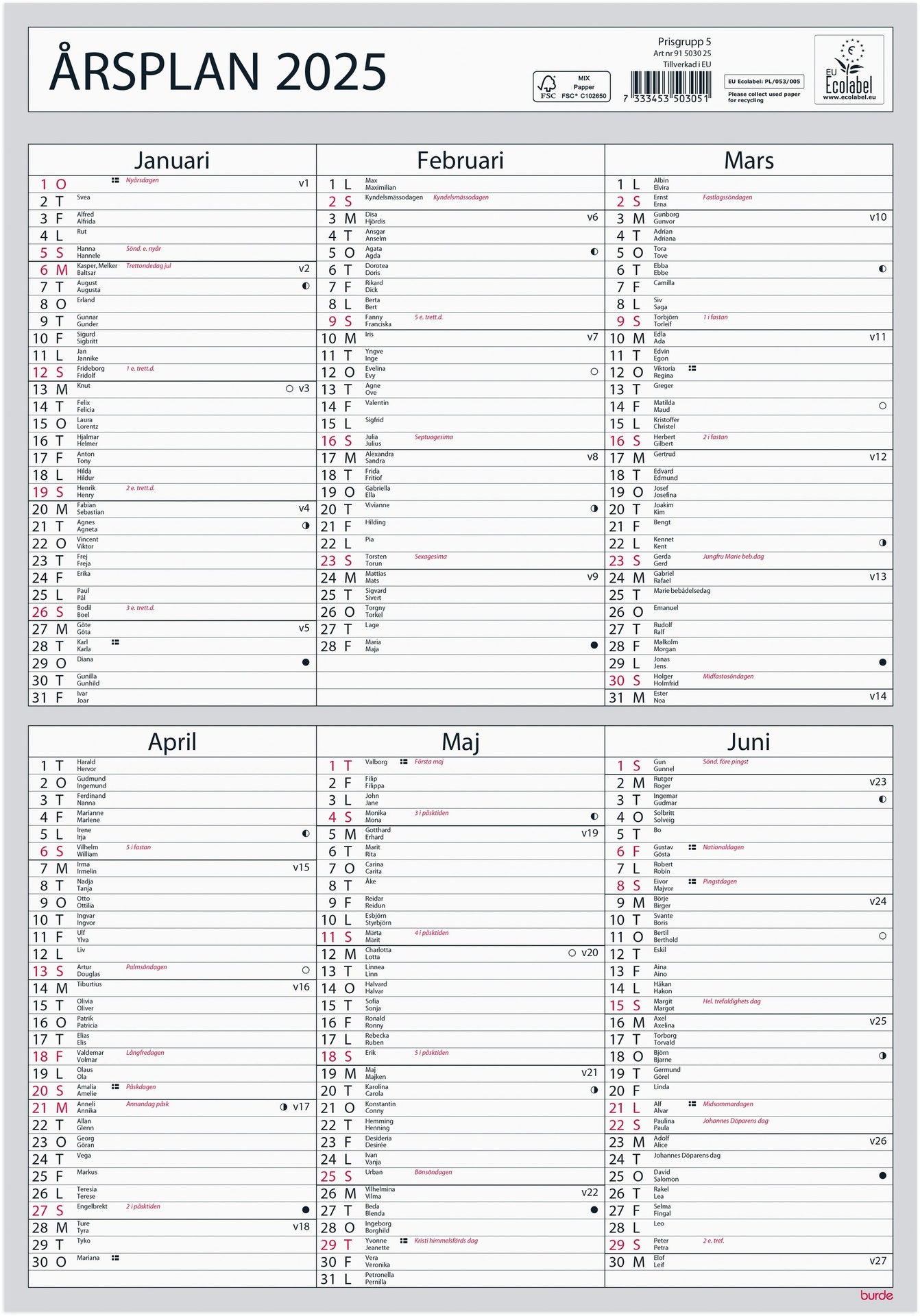 [61503025] Väggkalender 2025 Årsplan